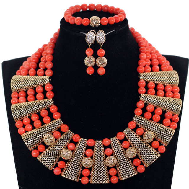 Gorgeous Real Coral Beads Wedding African Jewelry Set 10MM .
