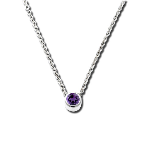 Sterling Silver Necklace with Round Bezel Set Amethyst Pendant .