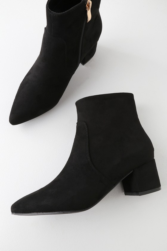Chic Black Boots - Vegan Suede Boots - Pointed Toe Ankle Booti