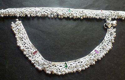 Indian Silver Plated Heavy Meena Design Chain CZ Bridal 10" Payal .