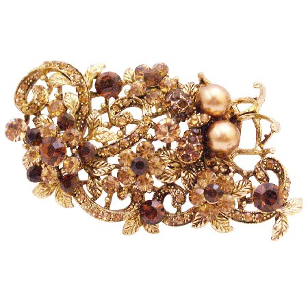 Vintage Antique Gold Brooch Smoked Topaz Crystals Brown Pearls .