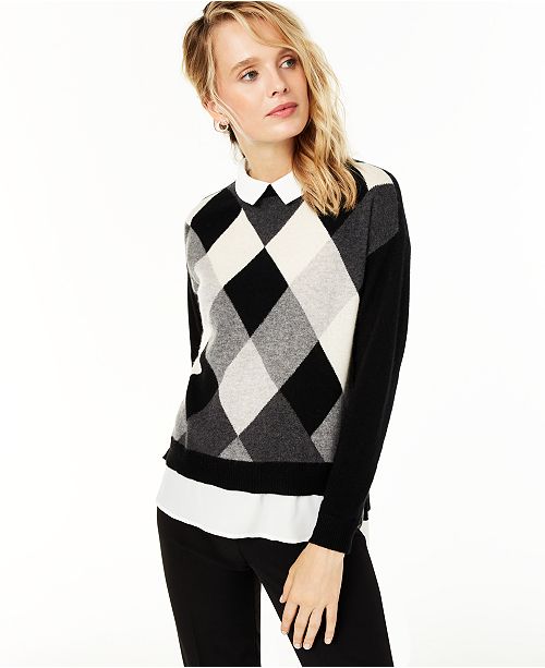 Charter Club Argyle Cashmere Layered-Look Sweater, Created for .