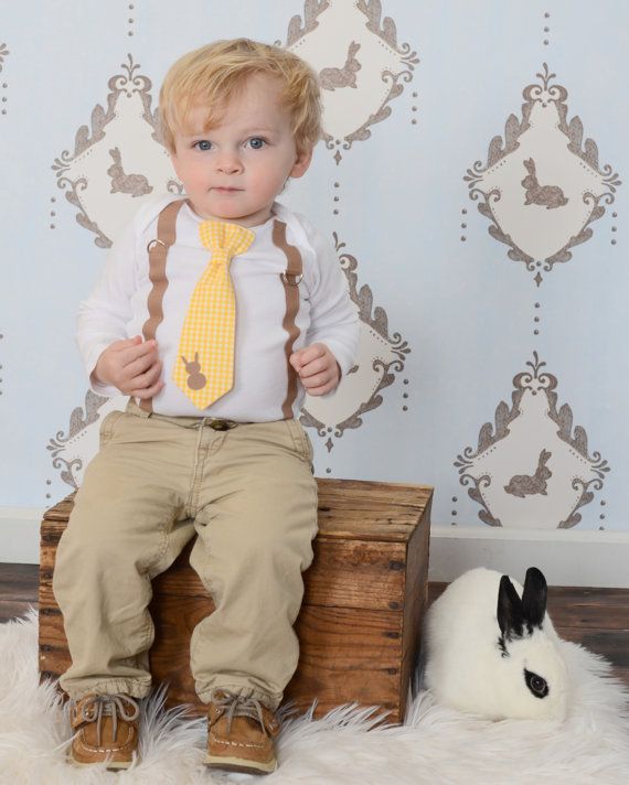 Baby Boy Easter Outfit. Gingham Bunny Spring Tie & Suspender with .