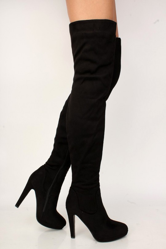 Sexy Black Platform Chunky High Heels Thigh High Boots Faux Sue