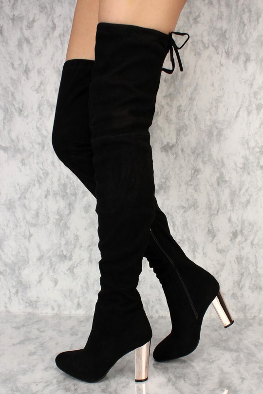 Black Slim Pointy Toe Thigh High Metallic Chunky Heel Ami ClubWear .