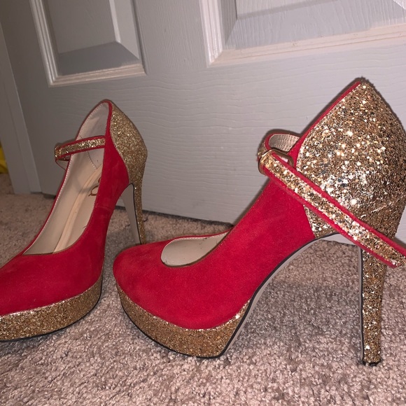 FSJ Shoes | Red And Gold Glitter Bridal Heels | Poshma