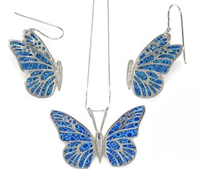 925 Sterling Silver Butterfly Jewellery Set Blue Polymer Clay .
