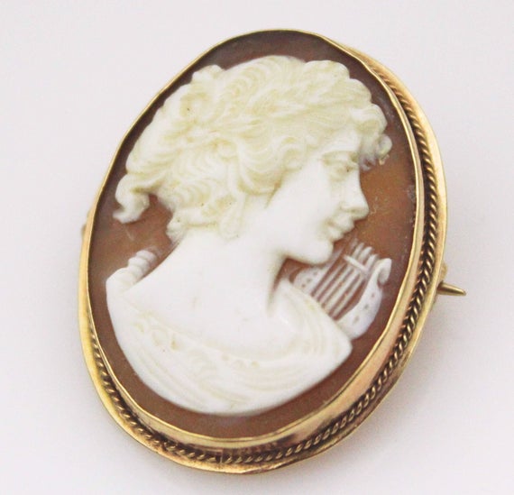 9ct Gold Cameo Brooch & Pendant Combination Carved Conch Shell | Et