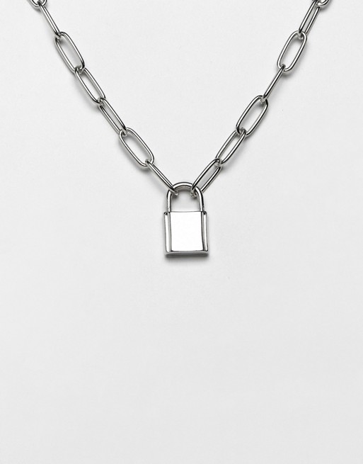 ASOS DESIGN necklace with hardware chain and padlock in silver | AS