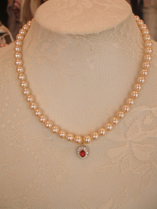 Bridal Necklace,Creamrose Pearls ,Red Stone ,Good Luck Charm .