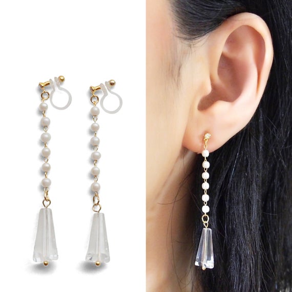 Pearl clip on earrings dangle clip on earrings long clip on | Et