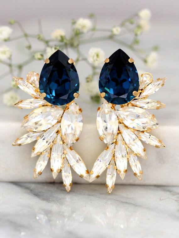 Blue Navy Earrings, Bridal Navy Blue Earrings, Swarovski Bridal .