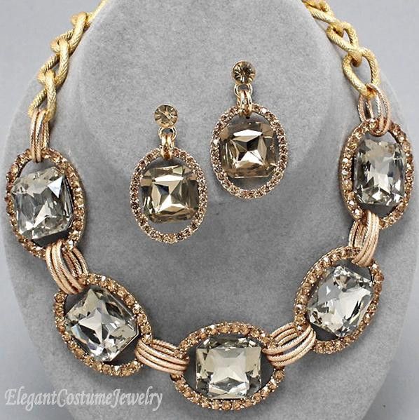 Champagne & Gold Chunky Crystal Statement Necklace Set Elegant .