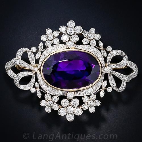 Large French Antique Amethyst and Diamond Brooch and Penda