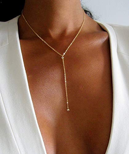Amazon.com: Gold Dainty Y Lariat CZ Diamond Necklace for Women, 16 .