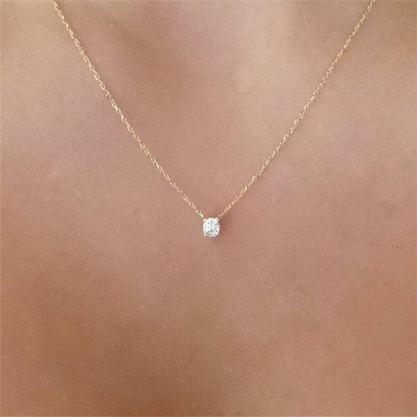 Fashion Women Gold Floating Diamond Necklace Delicate Solitaire .