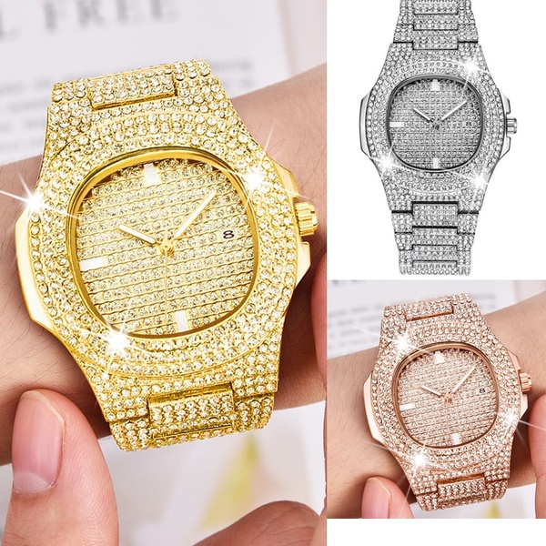Mens Watches Diamond 14K Gold Plated Filled Watch Gold Diamond .