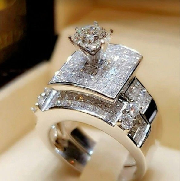 Exquisite Women's Fashion 925 Sterling Silver Wedding Rings Set .