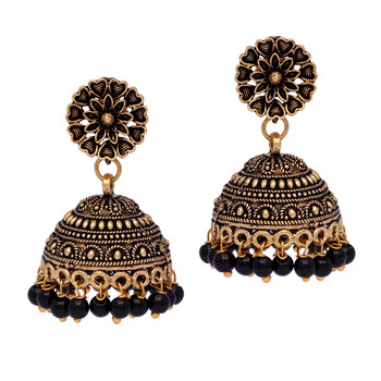 Floral Design Gold Oxidised Black Color Beaded Jhumki Earrings For .