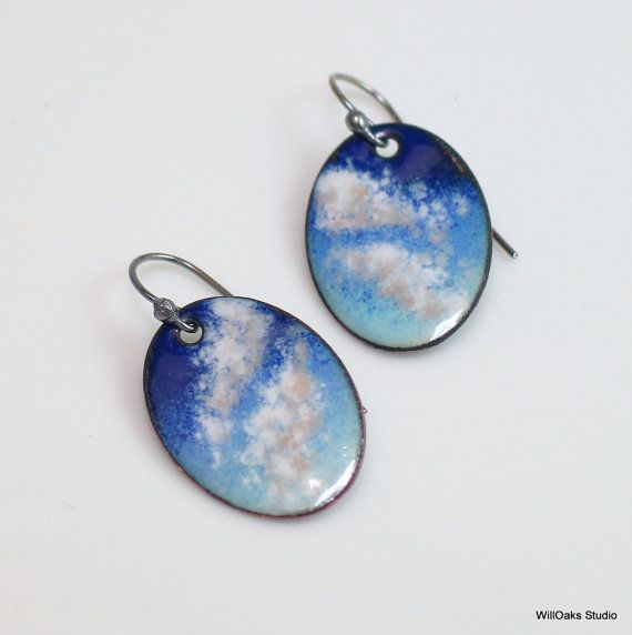 Inspired by sky watching, these blue and white copper enameled .