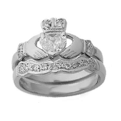 14k White Gold Claddagh Diamond Engagement Ring & Wedding .