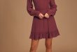 Lovely Burgundy Dress - Long Sleeve Skater Dress - Ruffled Dre