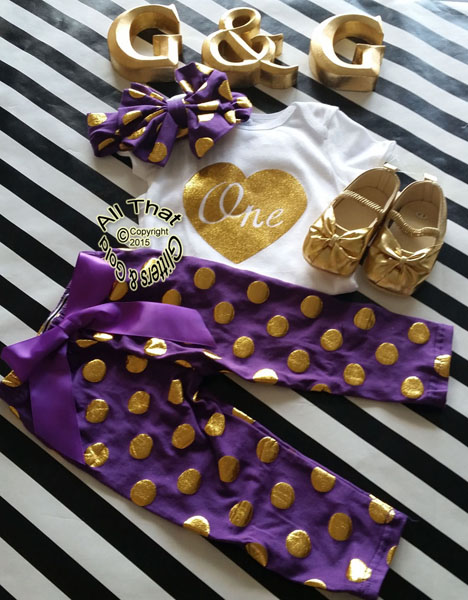 Purple and Gold Polka Dot One 1st Birthday Pants Outfits For Baby Gi