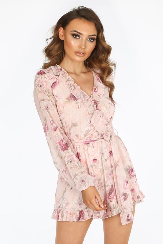 Long Sleeve Chiffon Floral Playsuit In Pi