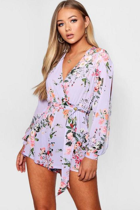 Split Sleeve Wrap Front Floral Playsuit - Lilas - 40, Lilas from .