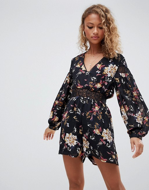 Glamorous floral playsuit with lace insert waist | AS
