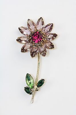 Vintage Signed Weiss Purple Pink Rhinestone Flower Brooch. (With .