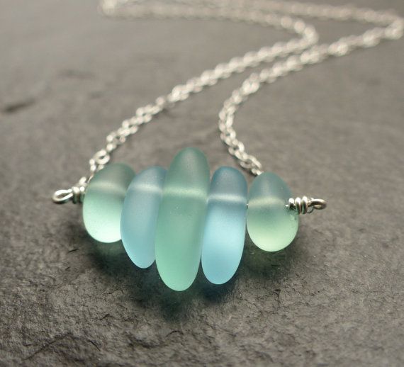 Sea glass necklace, sterling silver, turquoise blue, cultured sea .