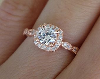 3/4 ctw Halo Wedding Ring, Vintage Style Ring, Man Made Diamond .