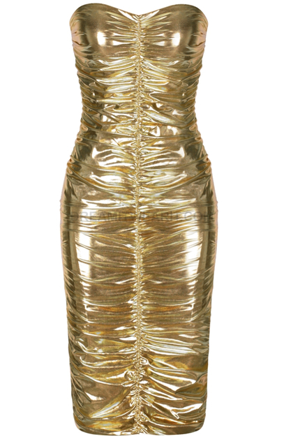 Strapless Ruched Midi Metallic Dress Gold - Luxe Dresses and .