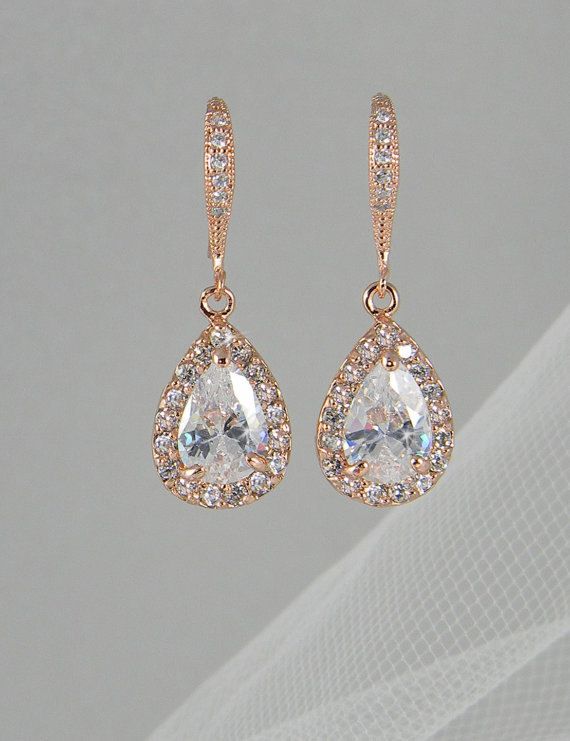 Crystal Bridal earrings, Rose Gold Wedding jewelry Swarovski .