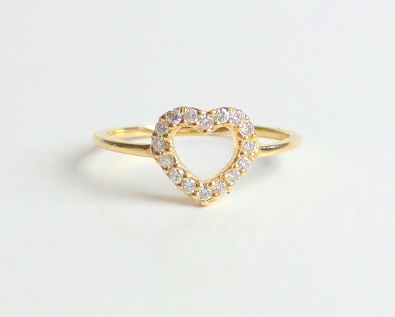 Diamond Heart Ring/ 14k Gold Heart Ring/ 14k Gold Ring/ Dainty | Et