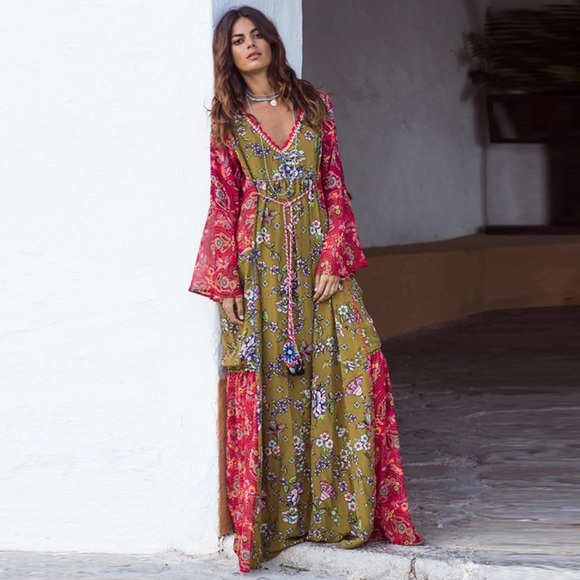 Dresses | Boho Olive Rose Floral Gypsy Gown Dress Kaftan | Poshma