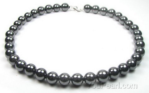 Hematite black gem necklace for sale, 10mm round - pearl jewelry .