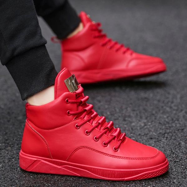Men's Fashionable Casual High Top Canvas Shoe/Boot- Red, Cream .