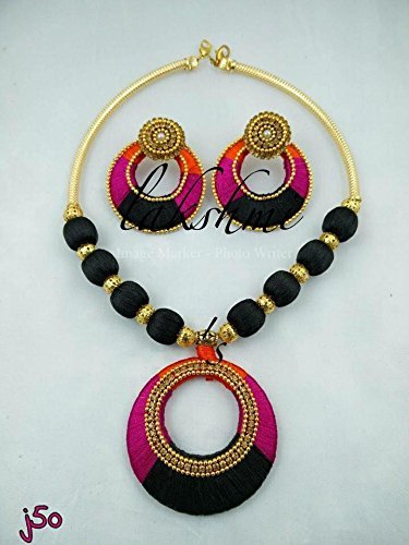 Black and pink silk thread indian fashion jewellery set: Amazon.co .