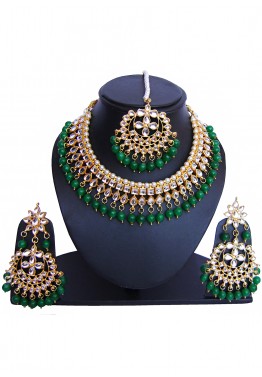 Green Golden Pearl And Kundan Bridal Necklace Set Jewelry 111JW