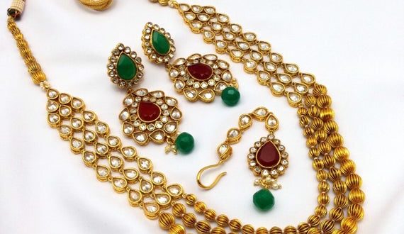 Handmade indian Jewellery Set With Cubic Zirconia Gold Plated | Et