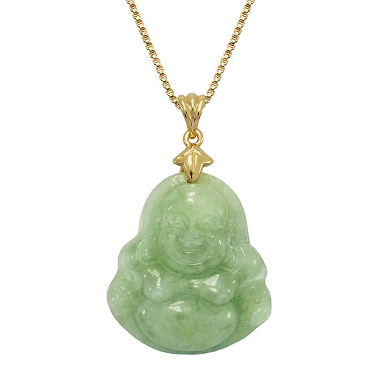 Genuine Jade Buddha Pendant Necklace 14K Yellow Gold Over Silver .