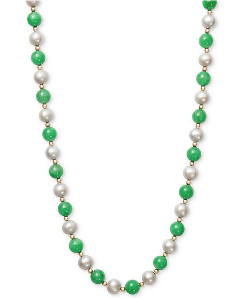 Macy's Cultured Freshwater Pearl and Jade Necklace in 14k Gold .