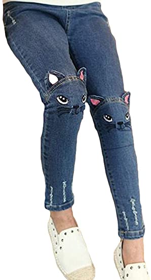Amazon.com: Girl's Ripped Jeans, Skinny Jeans Cute Cat Denim Pants .