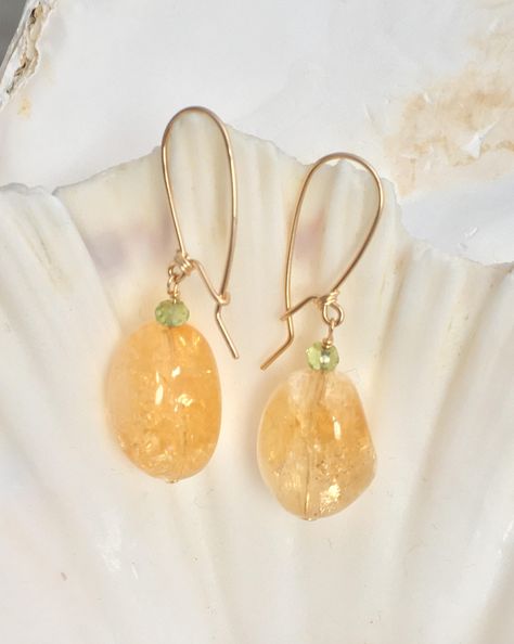 Citrine Tumbled Nugget & Faceted Rondell Peridot Dangle Earrings .