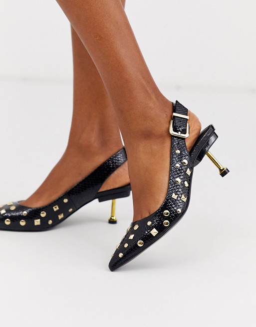 ASOS DESIGN Starry studded slingback kitten heels in black patent .