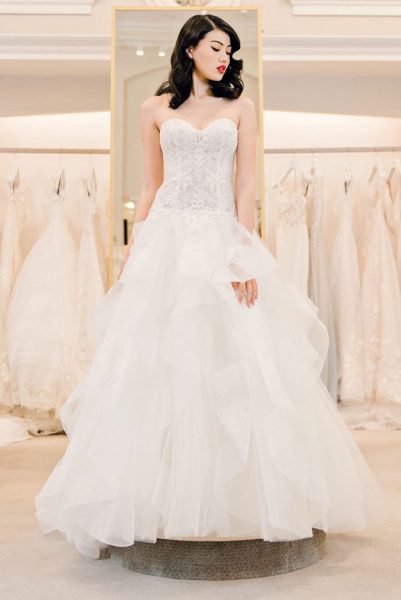 Strapless Sweetheart Lace Bodice A-line Wedding Dress With Ruffle .