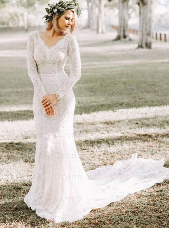 Mermaid V-Neck Long Sleeves Lace Wedding Dress - Wedding Dresses .