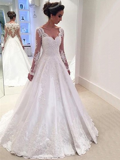 Ball Gown V-neck Satin Tulle Sweep Train with Appliques Lace .